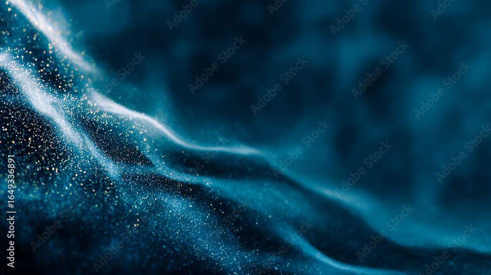 Poster ethereal waves of light and particles flow across deep indigo background, creating mesmerizing and d