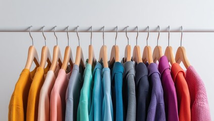 Row of colorful clothes on hangers