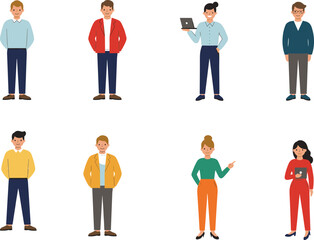 Diverse business professionals vector illustration, standing poses, various outfits, office characters, corporate team, isolated design, suitable for marketing, education, branding