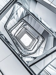 An aerial shot of a spiral staircase in a modern building, looking straight down to create a hypnotic geometric pattern.
