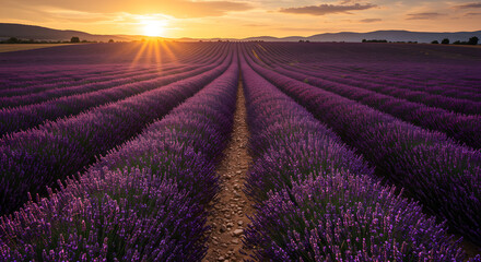 Naklejka premium Spectacular sunset over a fragrant purple lavender field, showcasing the serene beauty and harmony of a rural landscape.