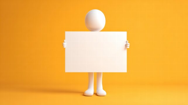 White three-dimensional character holding blank board with thumbs-up on orange background, positive feedback concept for education or UI.