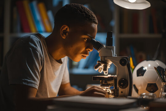 African American male adolescent intently examining samples under a microscope for a science class or personal research project in a focused setting