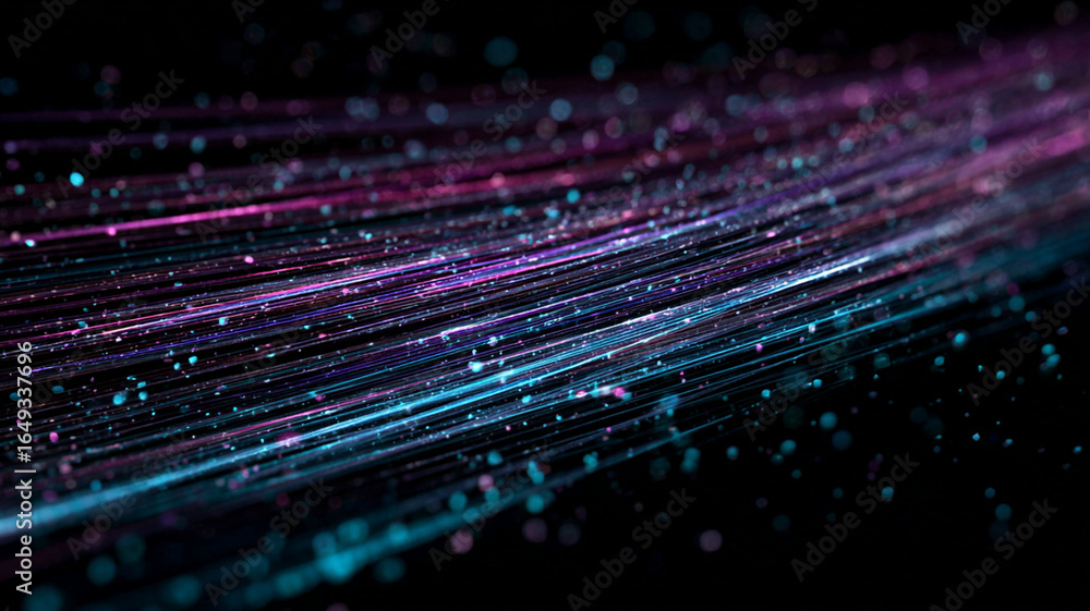 Poster cyan and purple light trails blend diagonally over dark background, creating dynamic and futuristic 