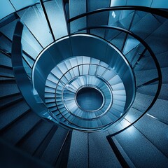 Fototapeta premium An aerial shot of a spiral staircase in a modern building, looking straight down to create a hypnotic geometric pattern.
