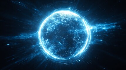 Fototapeta premium A captivating visual of a mysterious glowing blue sphere radiating a brilliant ethereal light from its core creating a sense of wonder and cosmic energy against a dark abstract background