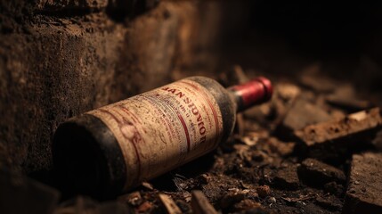 Old wine bottle in a dark cellar