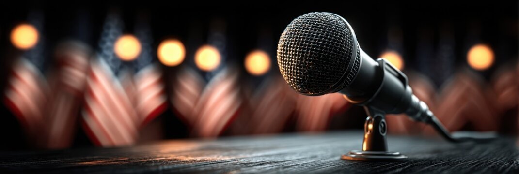 Microphone stands ready on a wooden podium for an educational event in front of American flags