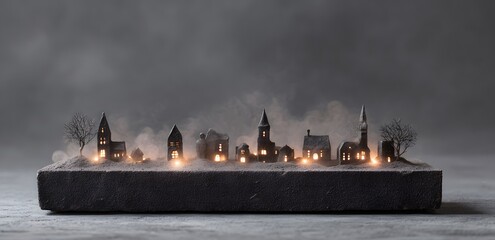 sand-table relief sculpted as haunted village, miniature streetlights glowing background with matte charcoal tray
