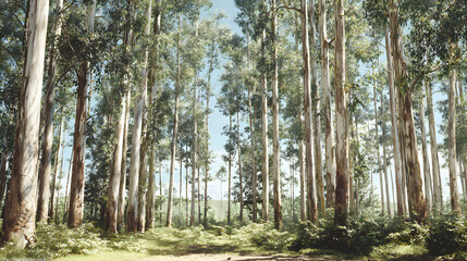 Obraz premium Serene Eucalyptus Forest: Experience the Majestic Beauty of Tall Eucalyptus Trees with this Stunning Nature Backdrop Ideal for Homes and Offices