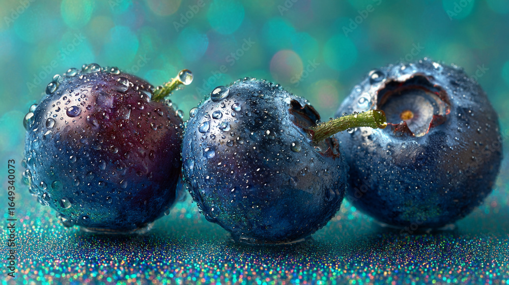 Poster three fresh blueberries with condensation droplets on sparkling surface, creating vibrant and refres