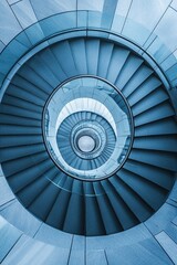 An aerial shot of a spiral staircase in a modern building, looking straight down to create a hypnotic geometric pattern.