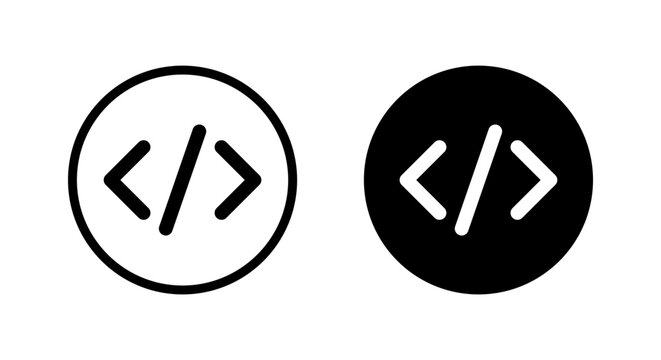 HTML tag icon in black circle. Hypertext markup code symbol