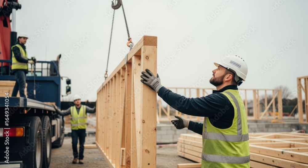 Poster worker guiding panelized timber frame from delivery vehicle with crane assistance emphasizing teamwo