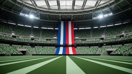 Empty sports stadium with vertical banner suitable for sports event promotions, advertising, and marketing materials for sporting events and venues.