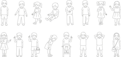 Children in Various Poses, Line Art Style, on White Background