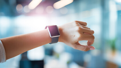 Close-up of a woman's hand wearing a smartwatch, with a blurred office background.