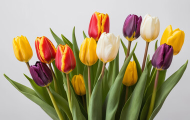 Fototapeta premium Vibrant bouquet of multicolored tulips in yellow red purple and white against a light background.