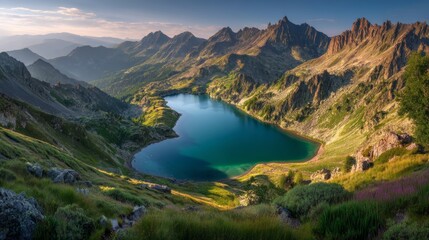 Pristine Blue Lake Surrounded by Vast Mountain Range at Sunrise
