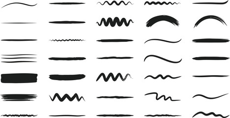 Black brush stroke lines, hand drawn design elements on white background