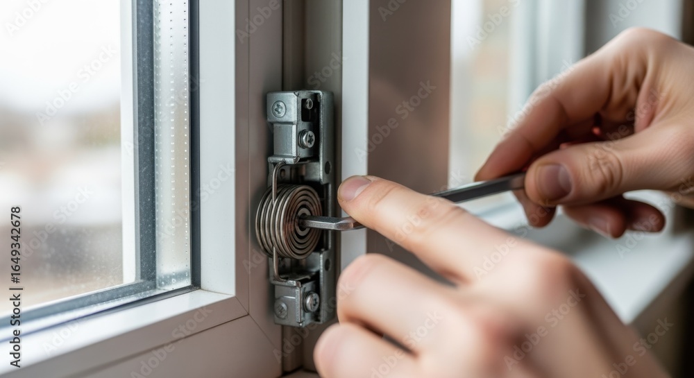 Poster visual focus on spiral balance spring tension adjustment within a doublehung window to ensure proper