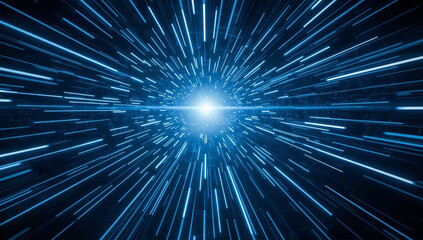 Abstract blue light tunnel with a sense of speed and technological advancement.