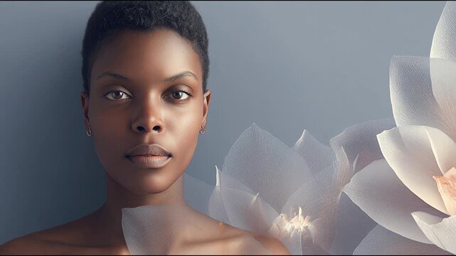 Vertical video portrait of a beautiful African American dark-skinned woman in profile. Dark-skinned model with short haircut, dark hair on an abstract background with lotus flowers. Surrealistic video