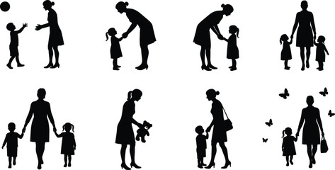 Mother, child, silhouette, parenting, bonding, nurturing, teaching, walking, playing, holding hands, caring, love, vector, i