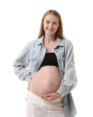 Portrait of beautiful pregnant woman on white background