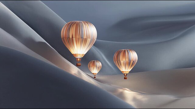 Surreal minimalistic video of a group of aerostats flying off in different directions. Video background in gray-blue and gold tones.