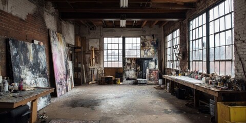 Spacious industrial art  with large windows and artwork.