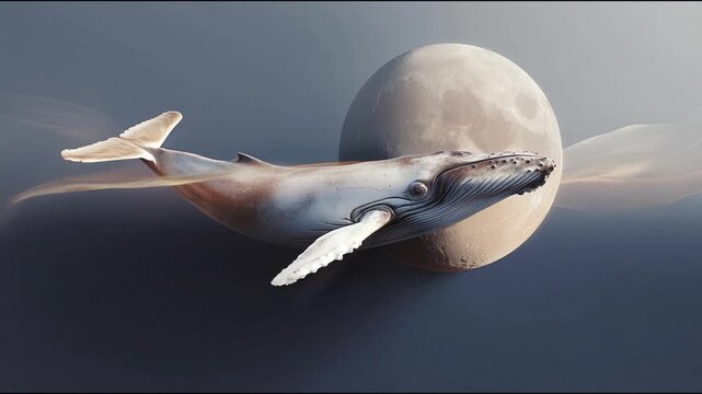 A surreal minimalist video in gold and grey-blue tones. A whale swims past a full moon.