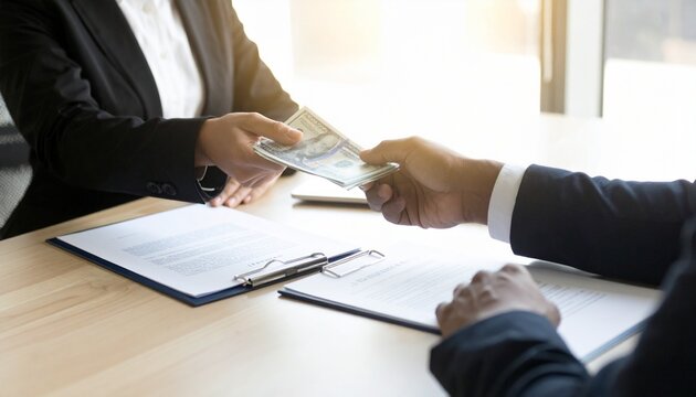 Hands receiving cash over documents, symbolizing financial aid and economic support.