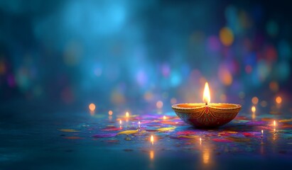 Illuminated Diwali diya glows amid vibrant confetti, evoking luminous serenity and celebrating the Festival of Lights and spiritual renewal