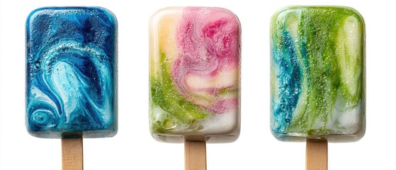 Colorful marbled popsicles on wooden sticks