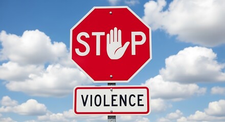 Red stop sign with violence message against blue sky
