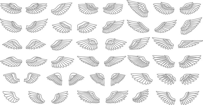 Ngel wings seamless pattern, line art wings on a white background