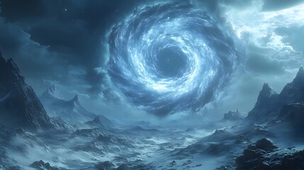 A mesmerizing vortex of swirling blue clouds dominates the sky above a desolate and icy mountain landscape, creating an otherworldly and dramatic scene.