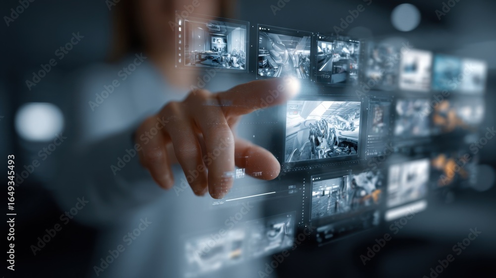 Poster hand interacting with futuristic transparent display showing multiple cctv camera feeds, ensuring sa
