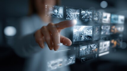 Hand interacting with futuristic transparent display showing multiple cctv camera feeds, ensuring safety and surveillance in modern environment
