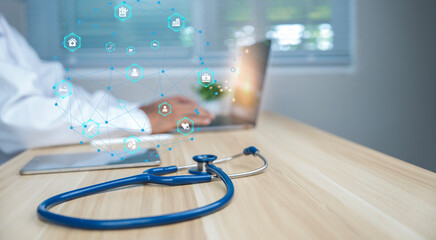 Doctor using laptop with AI and healthcare icons representing artificial intelligence in modern medical technology.