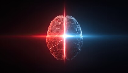 Divided brain, red and blue, glowing