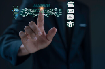 Businessman touching AI Agents digital interface artificial intelligence automation virtual assistant technology innovation concept