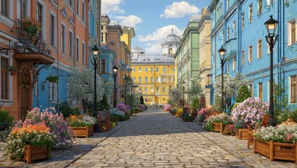 Colorful European alleyway in springtime