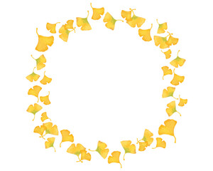 イチョウの葉　水彩風イラスト　飾り枠　秋円フレーム　Webデザイン・ポスター・和風デザインに使える装飾イラスト素材