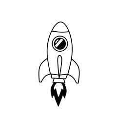 Black and white vector illustration of a rocket ship launching into space, isolated on white background, ideal for science, space travel, and exploration projects