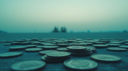 Daylit 85mm shot, continuous row of coin edges creating repeating metallic pattern