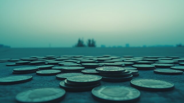 Daylit 85mm shot, continuous row of coin edges creating repeating metallic pattern