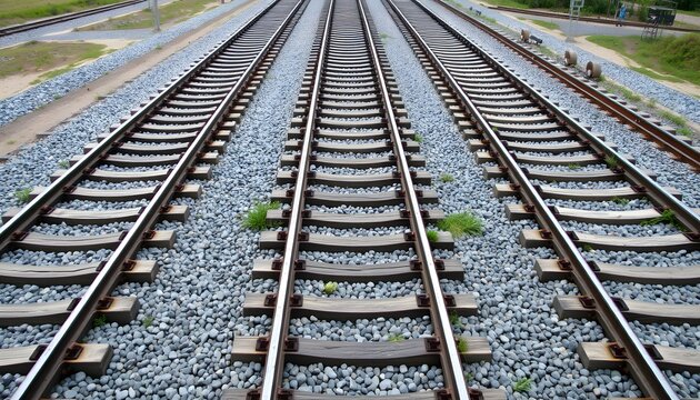 Three parallel railway tracks stretch into the distance, surrounded by gray gravel and sparse green vegetation.