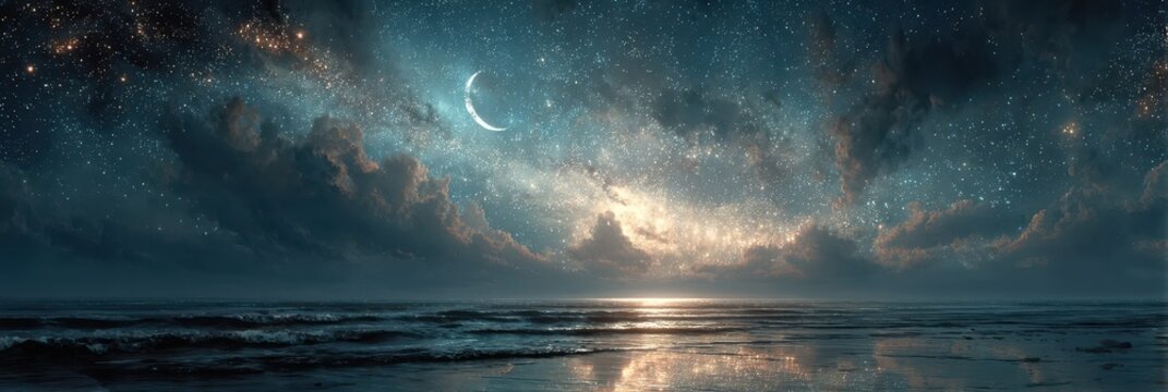 Night sky illuminates tranquil ocean under crescent moon with sparkling stars at coastal location